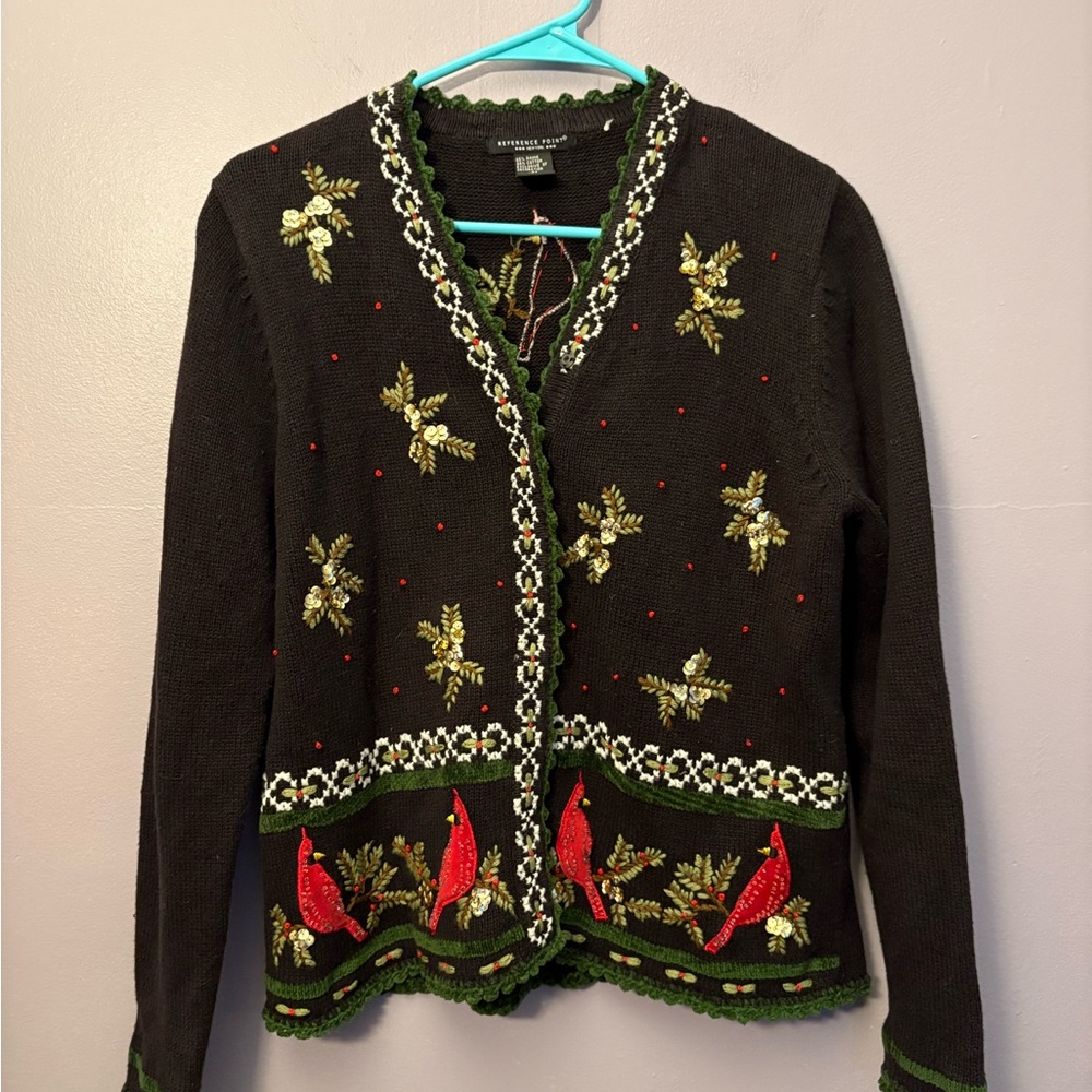 Reference Point cardinal embroidery Black Holiday Sweater‎ Medium
